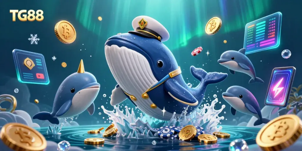 Experience the excitement of TG88 with a vibrant scene showcasing a colossal cartoon whale and dazzling casino elements.