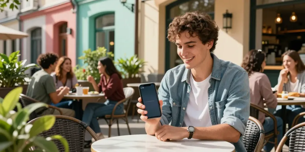 Gambaran aktivitas di kafe modern dengan aplikasi rokok88 di smartphone, suasana ceria dengan pelanggan lain.