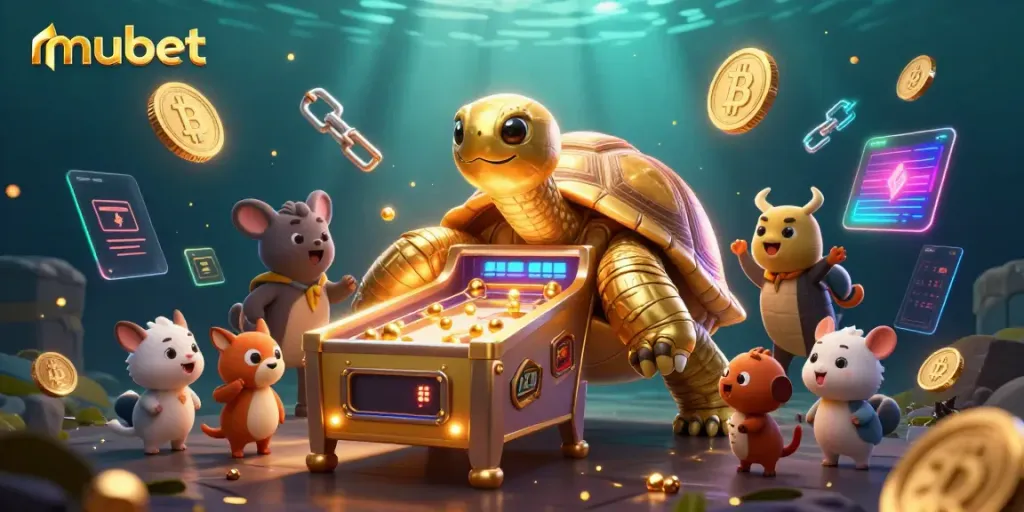 Join the excitement at mubet with a vibrant casino scene featuring a golden tortoise pinball machine and crypto elements.