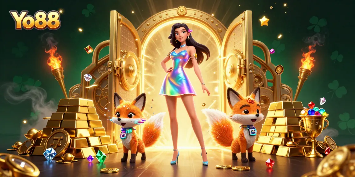 Spin the reels at Yo88 with a vibrant casino scene filled with treasures and a stunning character.