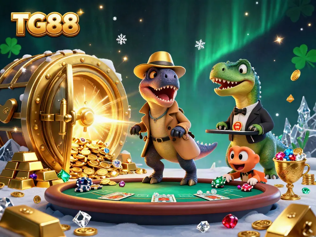 Experience thrilling gameplay at TG88 as a velociraptor card counter interacts with a stegosaurus pit boss, surrounded by treasures and excitement.