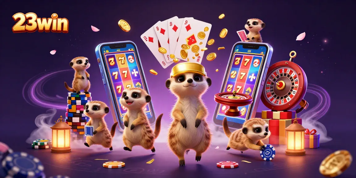 Experience immersive gaming at 23win with meerkats running a vibrant casino, surrounded by colorful slot games.