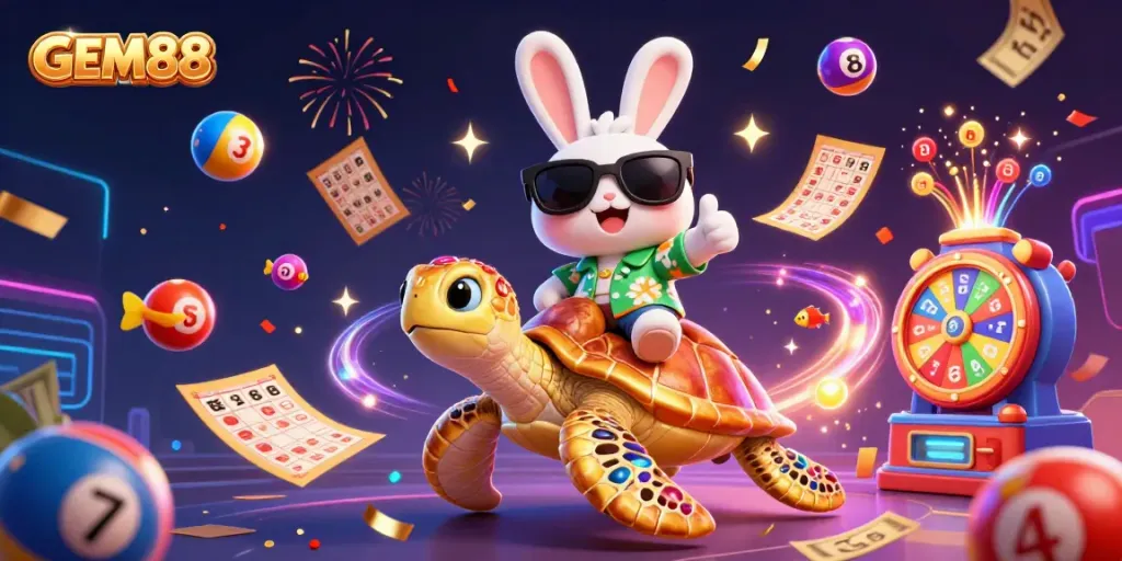 Engage with the vibrant world of GEM88, featuring a cheerful rabbit and golden turtle in a dynamic casino celebration.