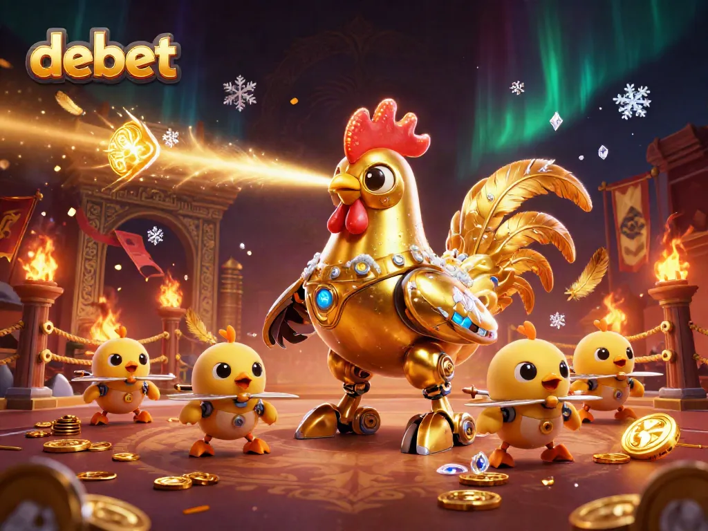 Witness the debet experience with the golden rooster robot and baby chick drones in a vibrant casino atmosphere.