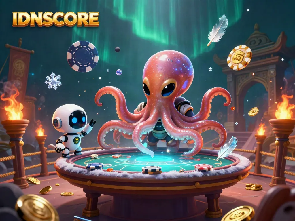 Experience the thrilling world of IDNSCORE with a vibrant alien octopus and robot at a poker table.