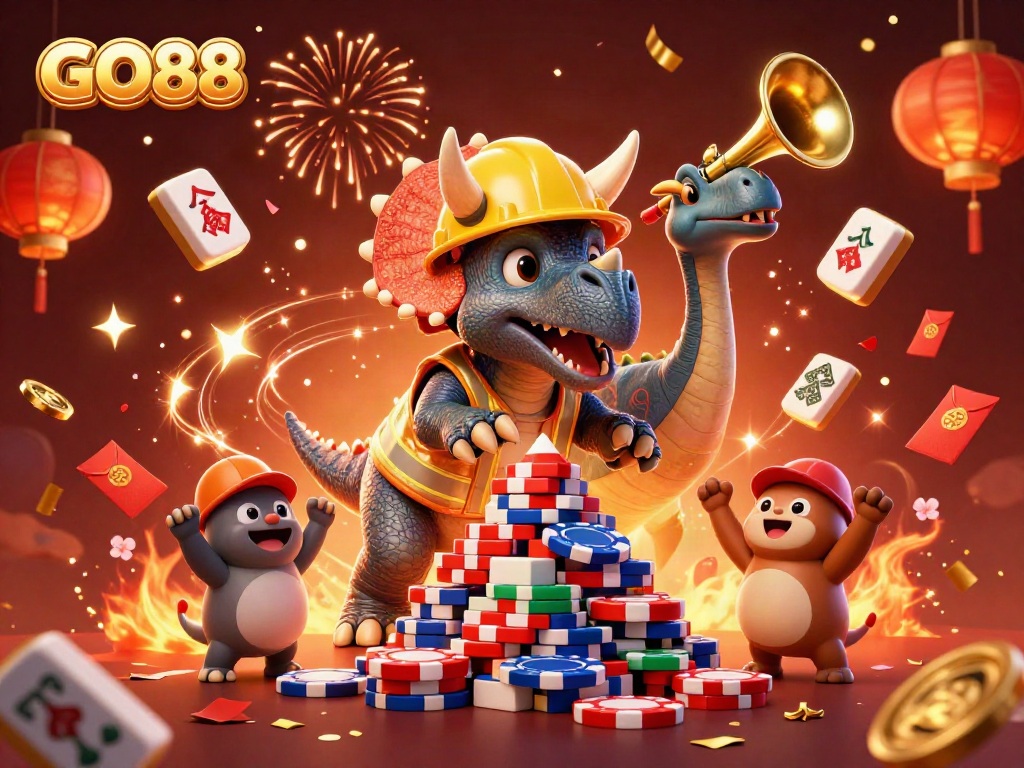 Celebrate wins with GO88 in a vibrant 3D casino-themed illustration showcasing festive elements and joyful characters.