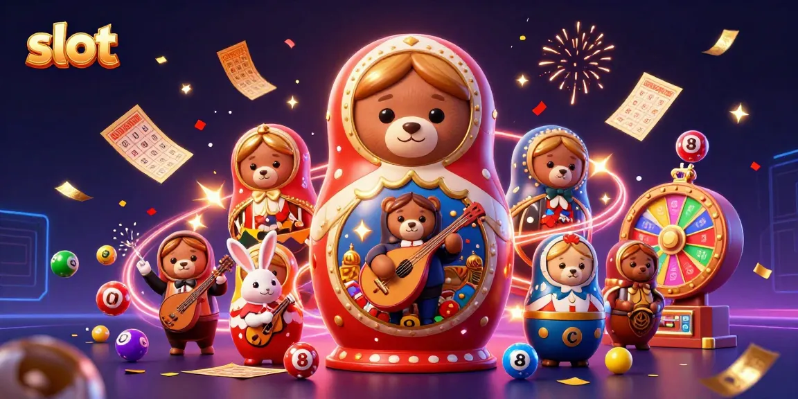 Enjoy thrilling slot excitement with Matryoshka characters and vibrant casino elements in this engaging 3D scene.