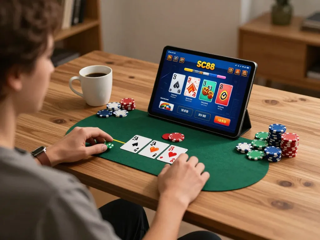 SC88 online gaming session with a person using a tablet at home, showcasing vibrant poker gameplay.