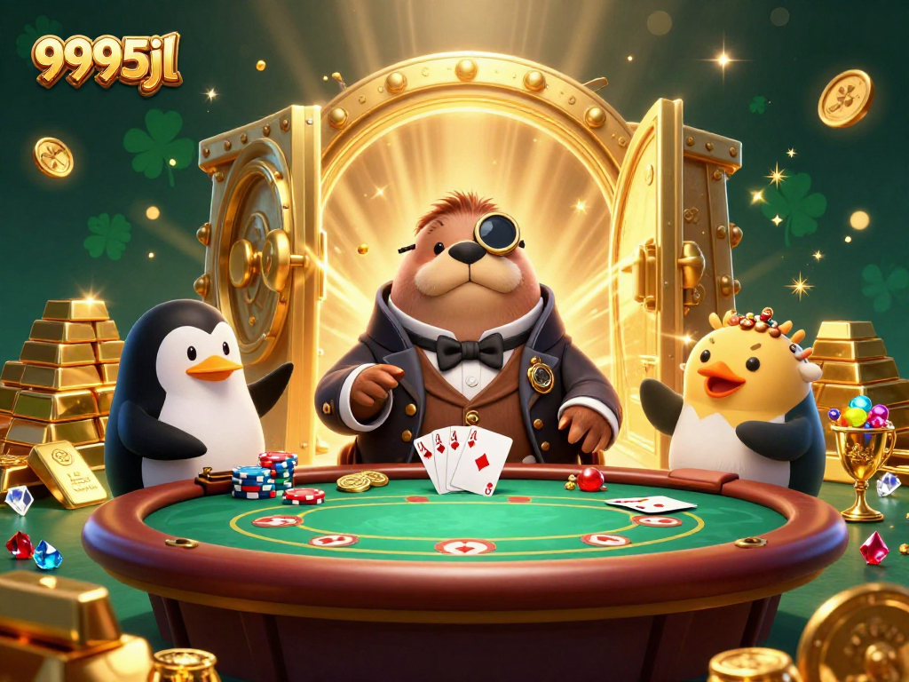 Engage in thrilling poker action with 9995jl's treasure-filled casino scene featuring a walrus, penguin dealer, and bluffing pufferfish.