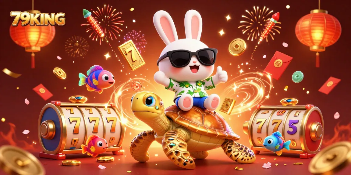 Experience exhilaration with 79KING as a lucky rabbit and golden turtle celebrate amidst vibrant casino elements.