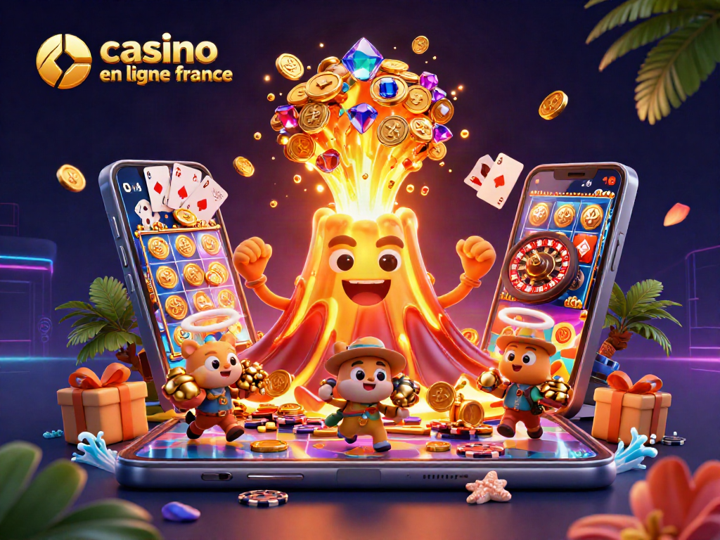 Jouez sur casino en ligne France avec une illustration de volcan doré éruptant des trésors.