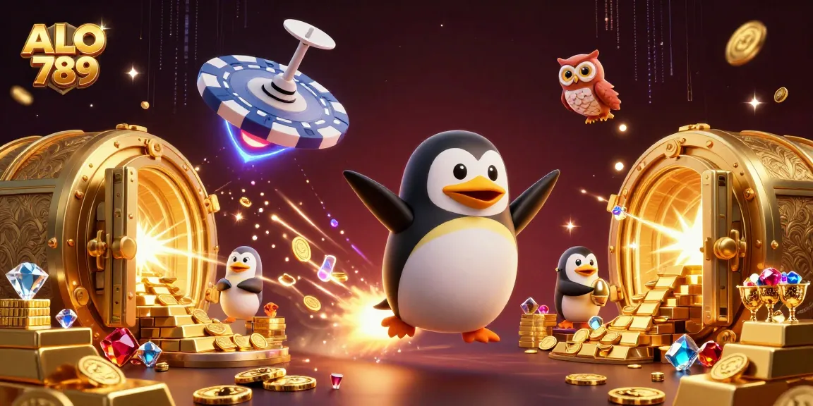 Experience thrilling ALO 789 gaming adventures with a golden penguin and dazzling casino visuals.