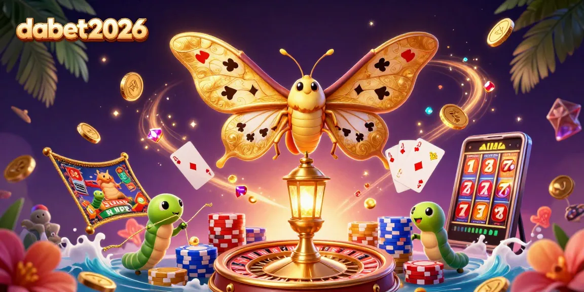 Dabet2026 brings exciting casino scenes alive in a dazzling 3D illustration featuring vibrant moths and golden treasures.
