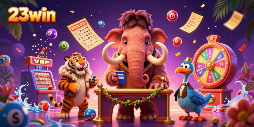 Experience thrilling gaming moments at 23win, featuring a vibrant casino scene with entertaining characters.