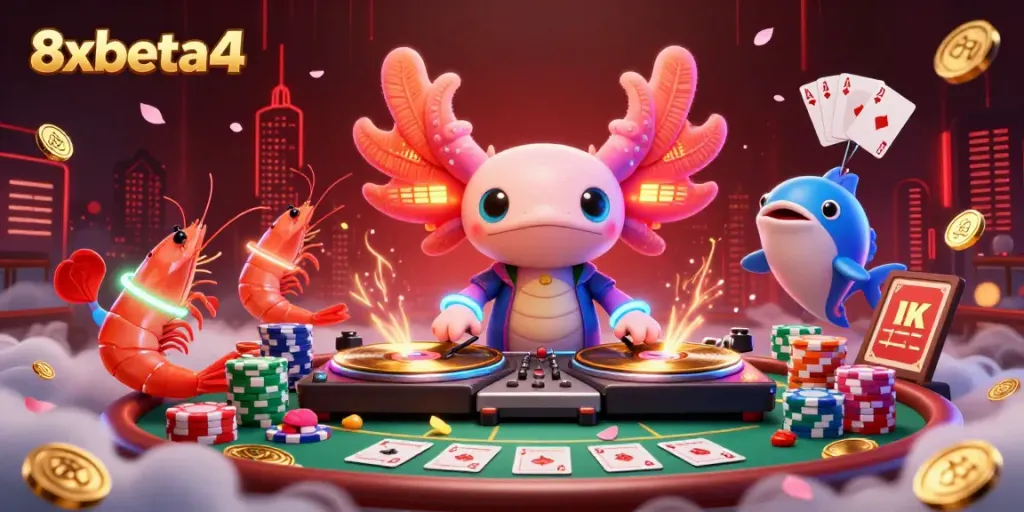 Engage with thrilling casino action at 8xbeta4 featuring a neon axolotl DJ, poker chips, and festive underwater vibes.