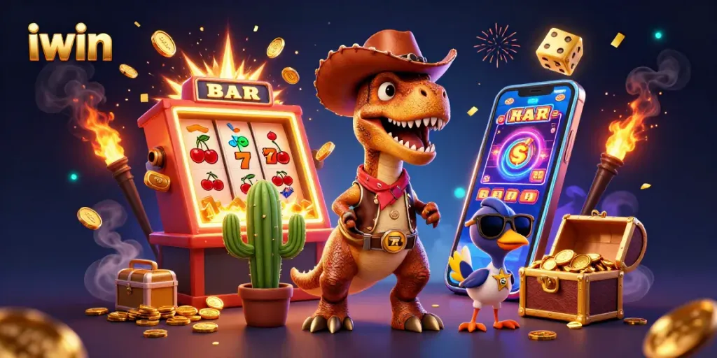 iwin's exciting cowboy dinosaur character engages players with vibrant slot machine action and casino fun.