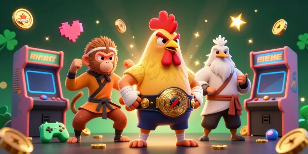 Experience vibrant gaming action with RIKBET's 3D dynamic scene featuring a fierce fighting rooster and martial artists.
