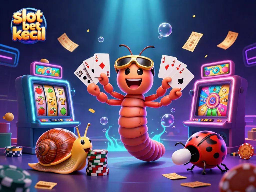 Ilustrasi slot taruhan kecil dengan dealer kartun dan elemen permainan menarik.