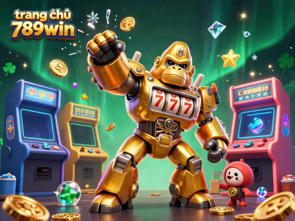 Experience dynamic gaming with the transformer-style golden gorilla mech at trang chủ 789win, showcasing exciting casino elements.