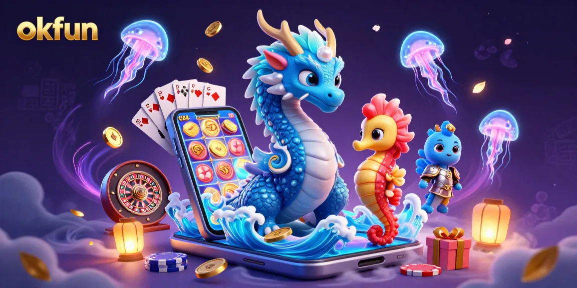 Engage with stunning gameplay at okfun, featuring a lively water dragon and vibrant casino elements.