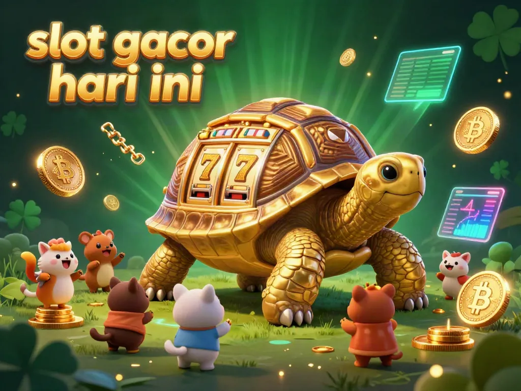 Engage with exciting slot gacor hari ini as small animals queue to play at a tortoise-themed slot machine.