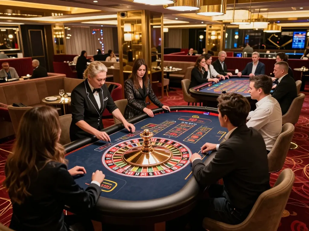 Players engaging in thrilling roulette gameplay at 58win's luxurious casino, excitement captured in motion.