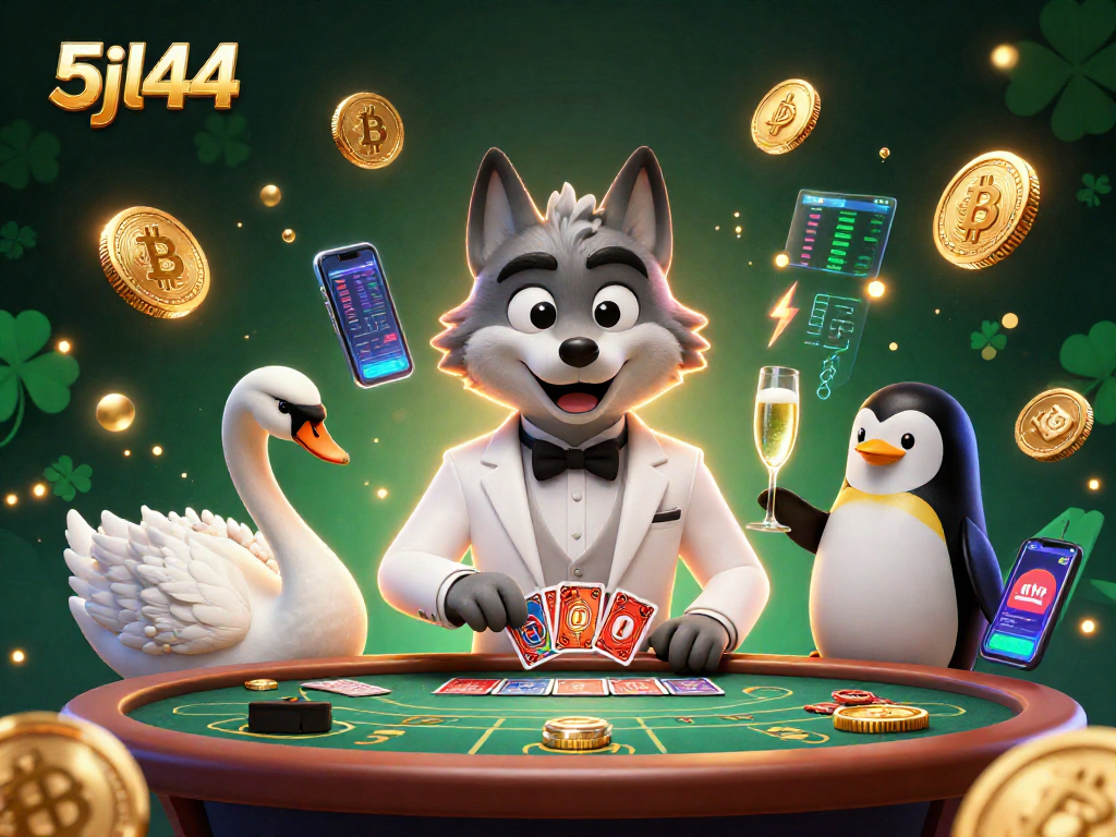 5jl44's thrilling baccarat experience with a debonair wolf, elegant swan, and sophisticated penguin.