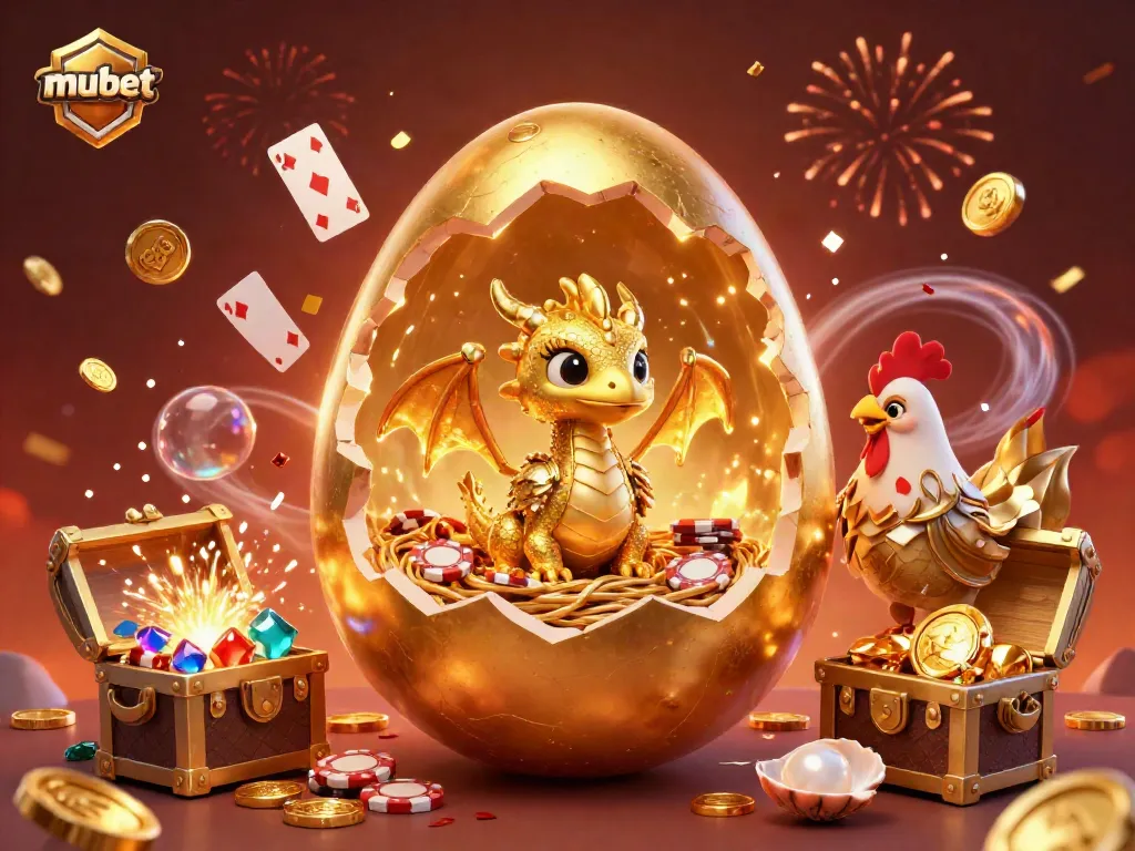 Experience the thrilling action of mubet with an illustration of a golden dragon and poker chips surrounded by casino elements.