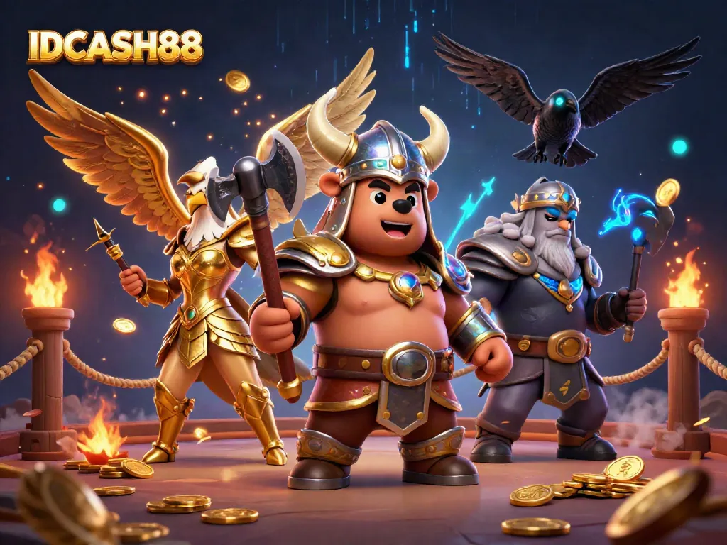 Experience the thrilling world of IDCASH88 with Viking warriors and golden casino elements dynamically illustrated.