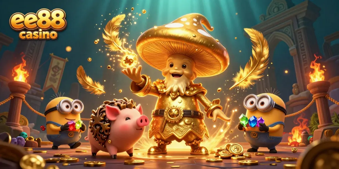 Engage with the magical essence of ee88 casino, featuring golden mushroom wizard and treasure hunting elements.