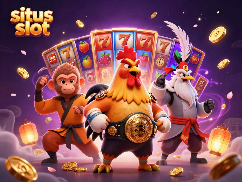 Engage in situs slot adventures with dynamic 3D characters amidst vibrant slot machine elements.