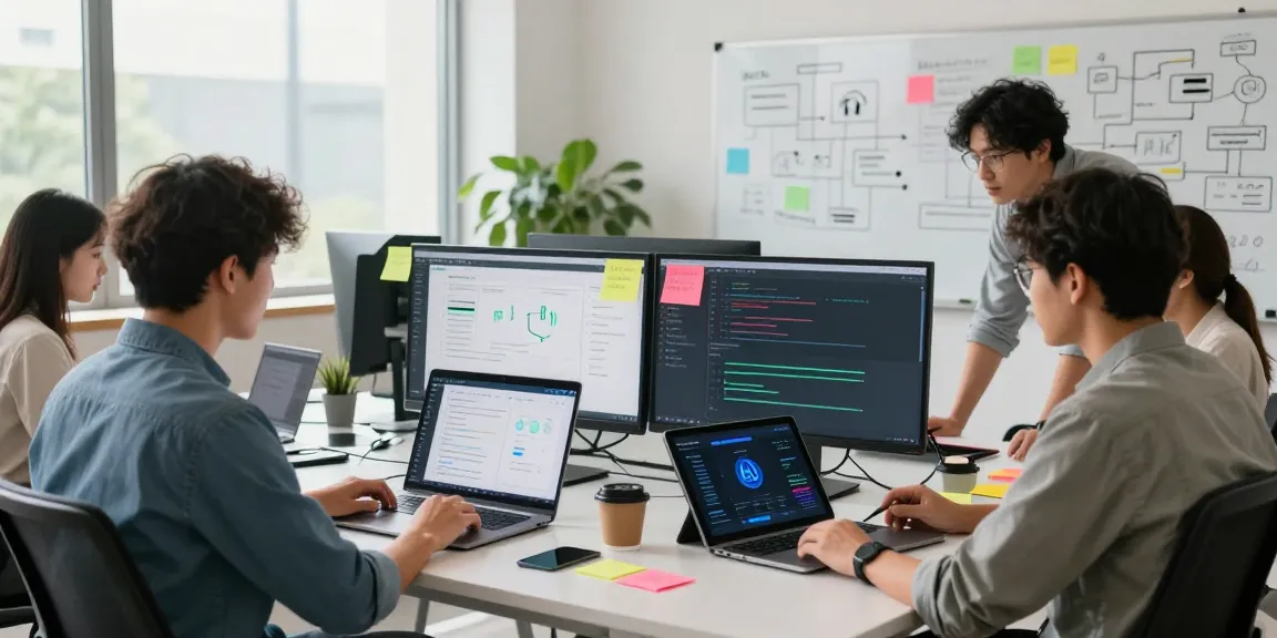 Collaborative team working on how to build internal tools with AI in a modern office.