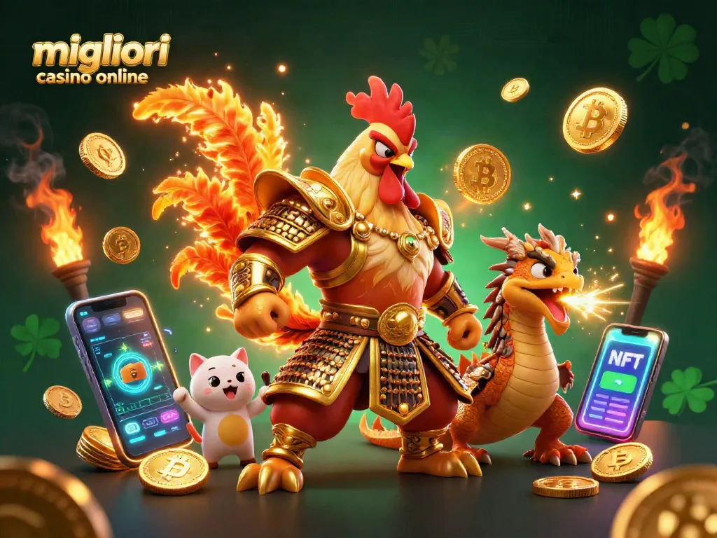 Scopri i migliori casino online attraverso un'incredibile illustrazione di un guerriero e un drago, decorata con simboli di criptovaluta.