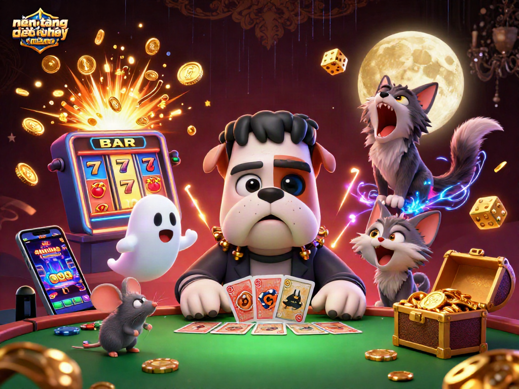 Engage in thrilling gaming action with nền tảng giải trí online featuring vibrant characters and casino elements.
