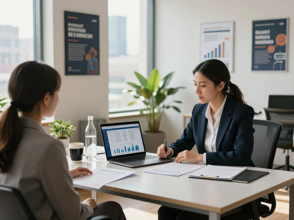 Financial advisor at https://credit-consolidation.ca providing debt consolidation solutions in a modern office.