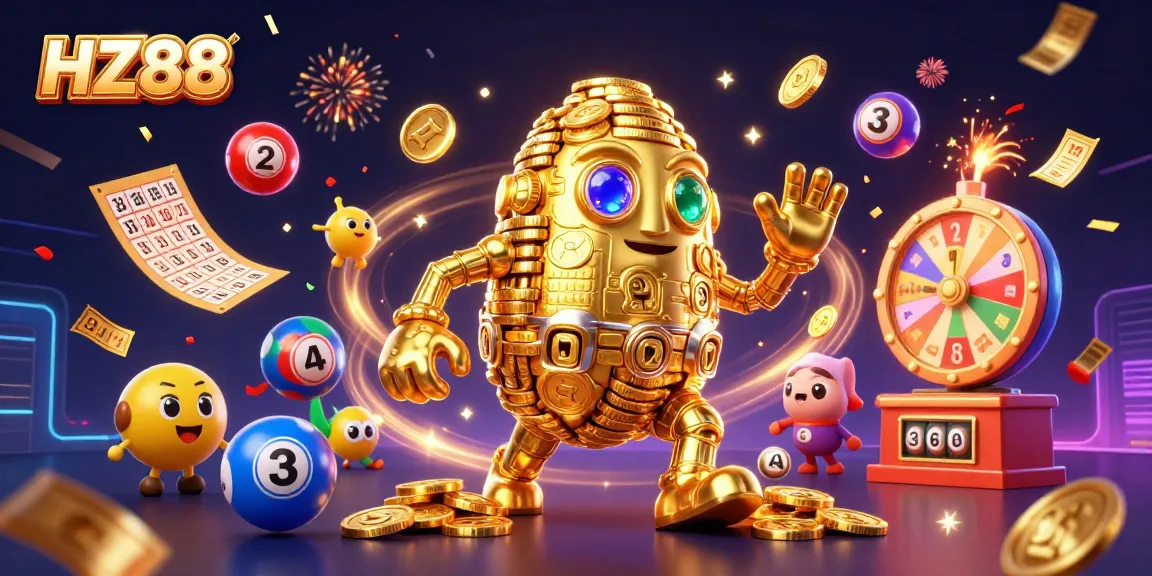 Experience the excitement of HZ88 with a dynamic casino illustration featuring golden elements and lively game components.