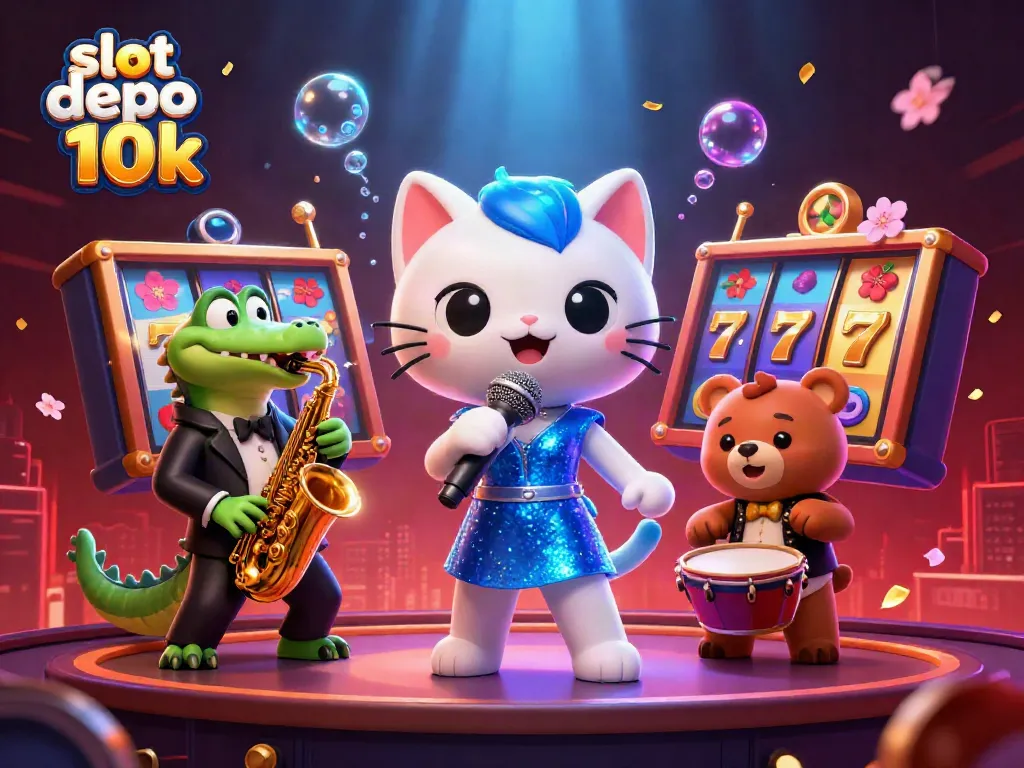 Spin to win with slot depo 10k's vibrant casino scene featuring animated characters and slot reels.