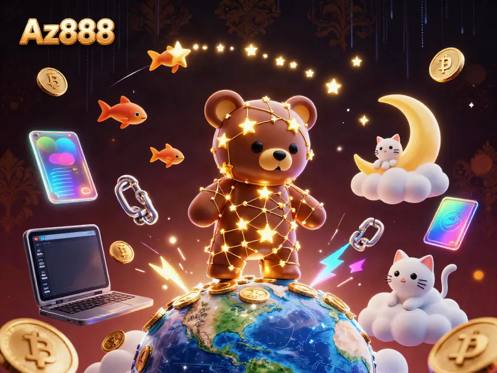 Experience Az888's vibrant casino world with a constellation bear collecting coins and crypto elements