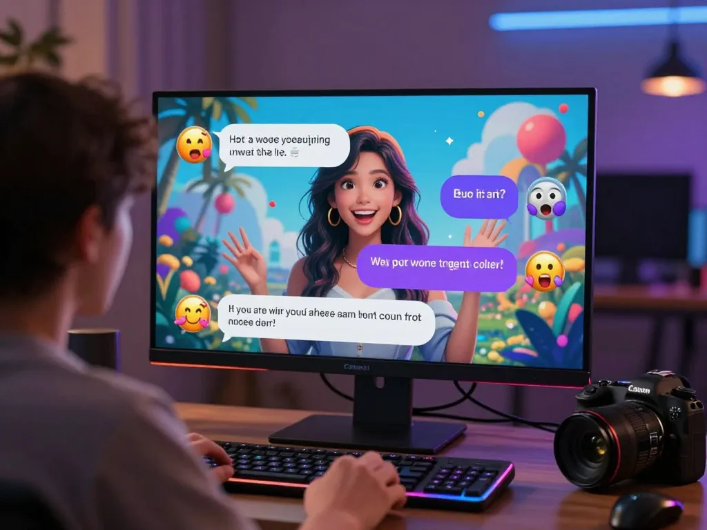 Engaging ai porn chat between user and virtual character with interactive dialogue in vibrant digital setting.