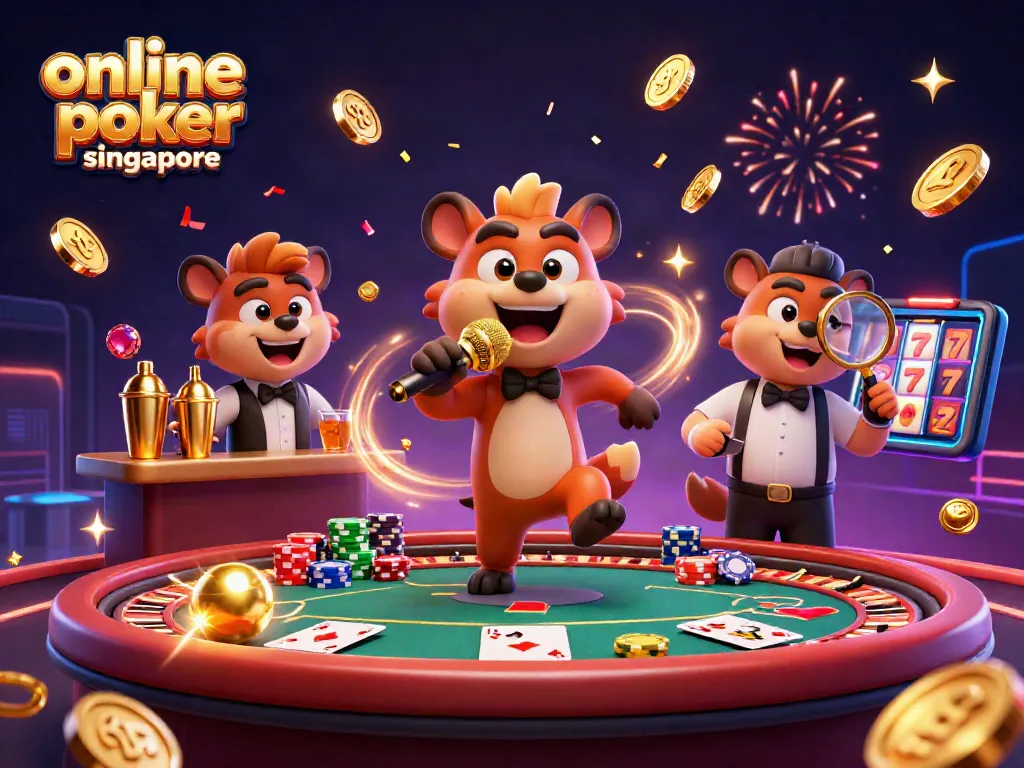 Engage in online poker Singapore action with hyena characters lively at a vibrant casino scene.
