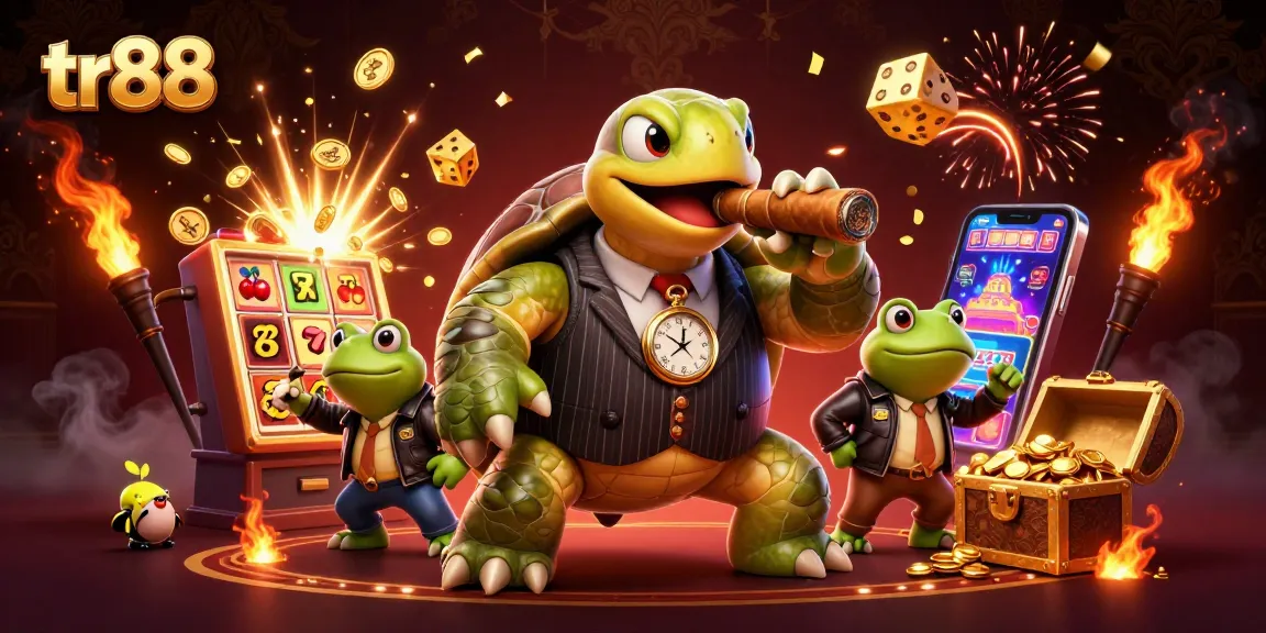 Experience the thrilling world of tr88 gaming with a lively casino scene featuring cartoon characters amidst slot machines and gold.