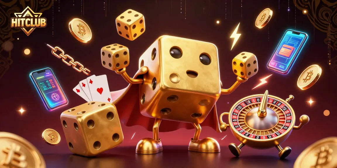 Engage with HITCLUB's vibrant 3D illustration showcasing golden dice and crypto elements.