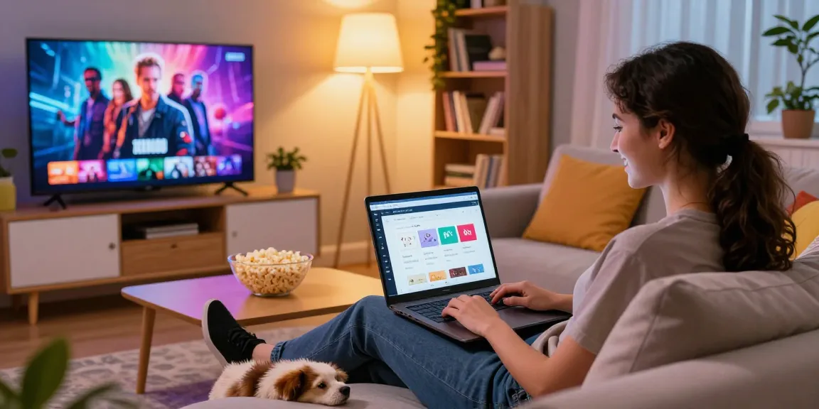 Engaging scene of a person using Pikashow APK download on a laptop in a cozy living room with bright decor.