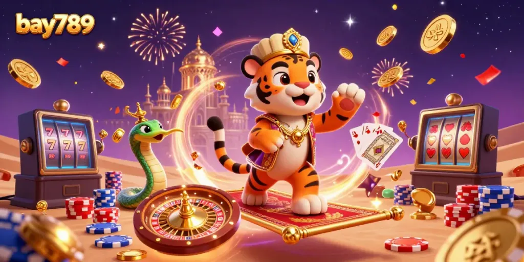 Experience the thrill of bay789 with a vibrant 3D illustration featuring an Arabian-themed sultan and casino elements.