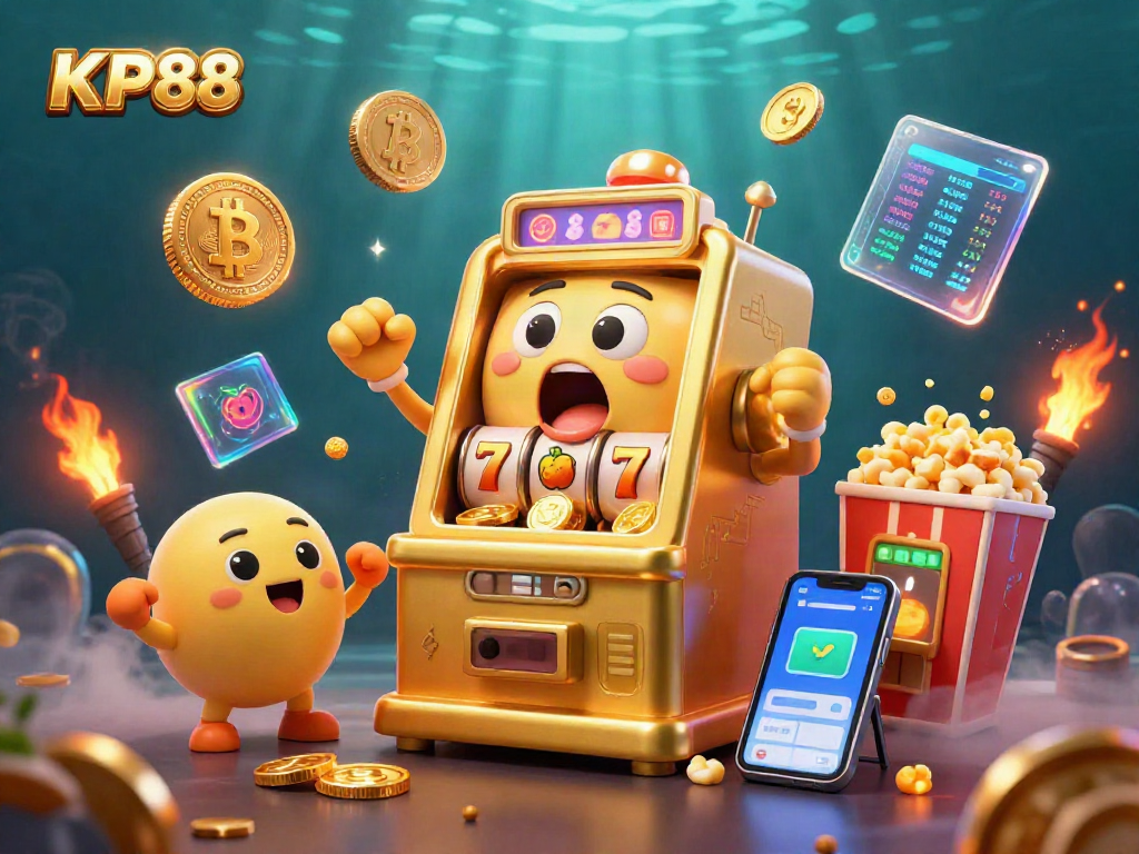 Engage with KP88 as a golden slot machine hits a jackpot amidst vibrant casino elements.
