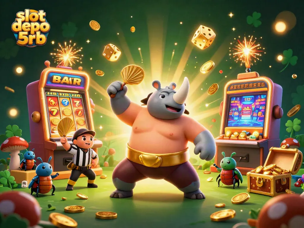 Experience excitement at slot depo 5rb as a sumo beetle sends coins flying in a vibrant casino scene.