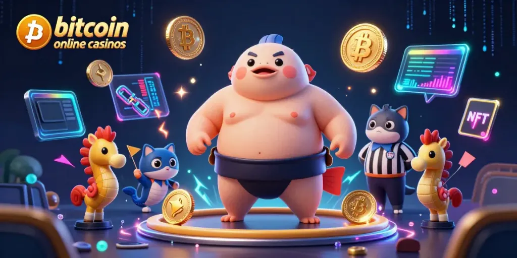 Engage with top bitcoin online casinos featuring cartoon fugu, a catfish referee, and dynamic crypto elements.