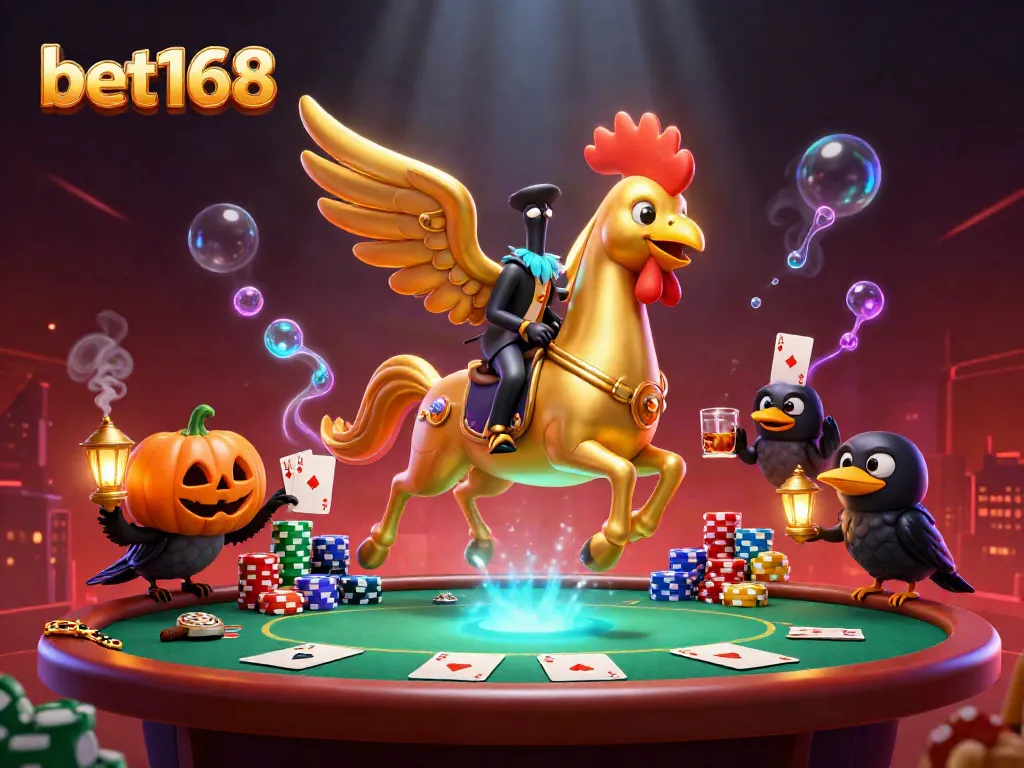 Engage with bet168 through a vibrant casino scene featuring a golden rooster in dynamic play.