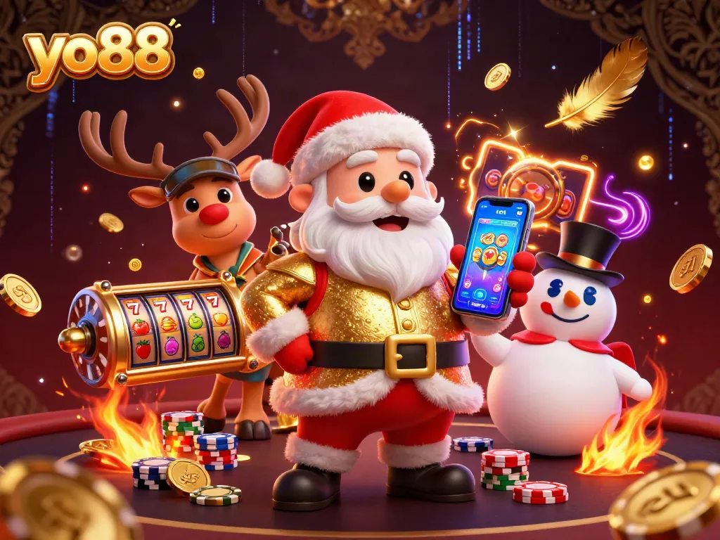 Experience the thrill of yo88 with Santa and friends celebrating jackpots in a vibrant casino scene.