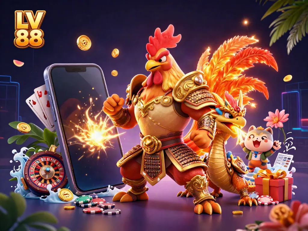 Experience thrilling gameplay with LV 88's dynamic casino scene featuring a courageous rooster warrior and dragon hatchling.